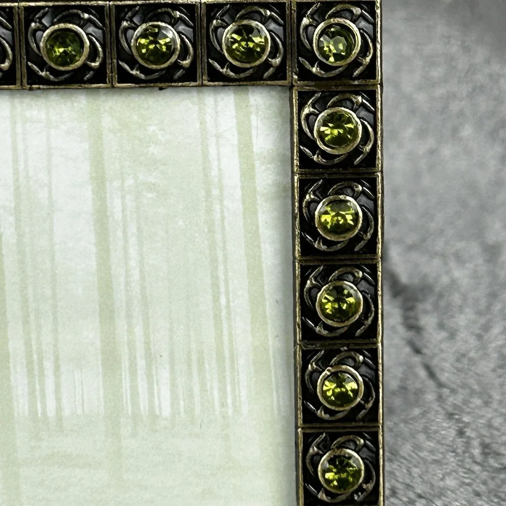 VTG Brass Jeweled Metal Square Frame Green Peridot Colored Rhinestones Boho‎